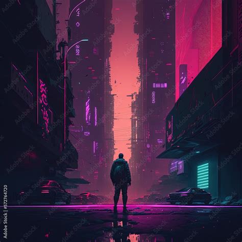 Cyberpunk style street in a dystopian city of the future. One single ...