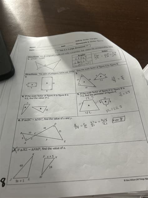 . Name: Unit 6: Similar Triangles Date: Bell: Homework 2: Similar ...