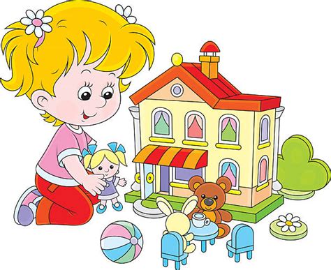 Clipart Of A Blond Girl Playing With Toys At A Doll House Royalty ...