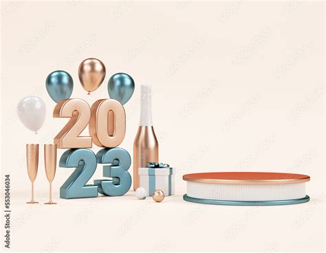 Modern 2023 podium pedestal with metallic numbers and festive stuff for product stand in 3D ...