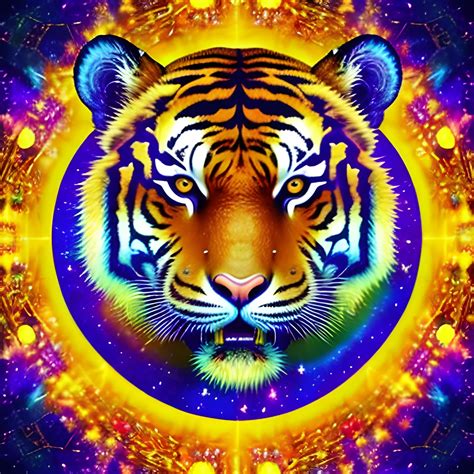 The zodiac sign is Tiger. The background is a psychedelic starry ...