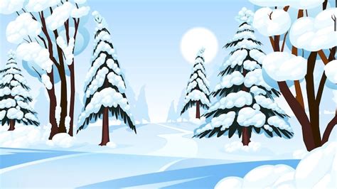 Free Vector | Sunny winter forest cartoon composition with natural trees covered with hoarfrost ...