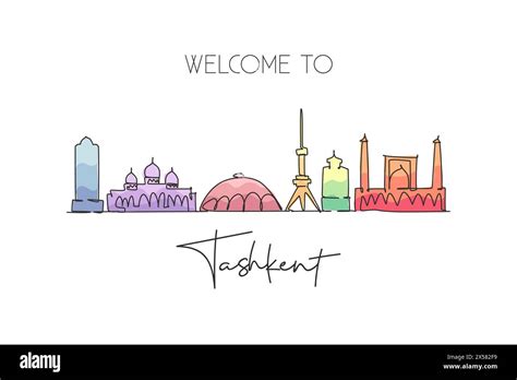 One continuous line drawing Tashkent city skyline, Uzbekistan. Beautiful landmark wall decor ...