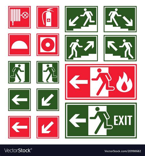 Evacuation and emergency signs in green and red colors set. Fire exit, directional arrows and ...