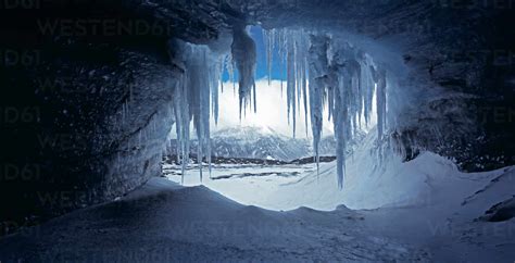 Entrance to an Ice cave on Langjökull glacier in Iceland stock photo