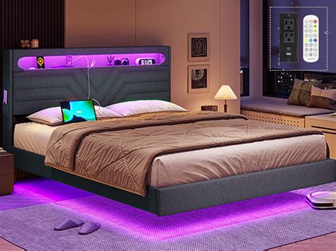 Full Size Floating Bed Frame with LED Lights & Headboard, USB-C/A Power, Linen Upholstered ...