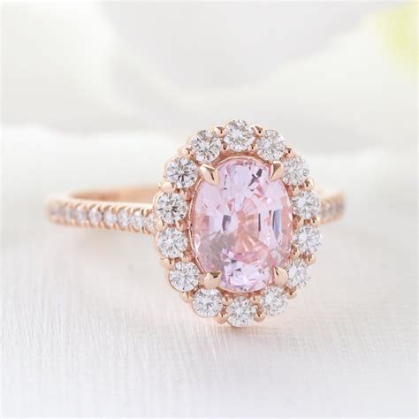 Natural Champagne Pink Sapphire Engagement Ring in 14k Rose Gold Halo ...