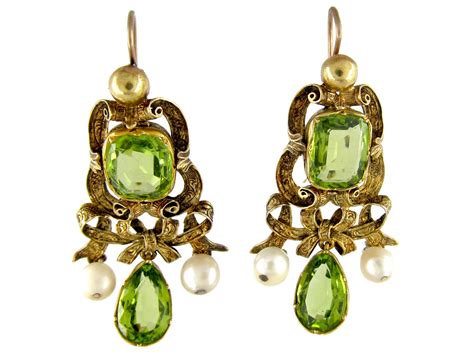 Peridot & Pearl Gold Drop Earrings - The Antique Jewellery Company