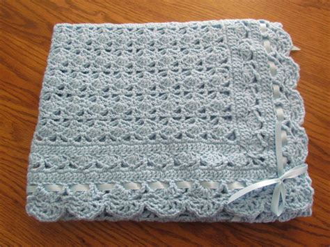 Blue Baby Afghan Christening Crochet Crib Size Heirloom Lace