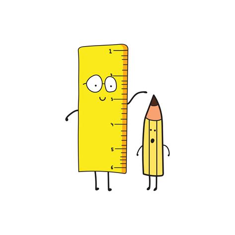 Kids drawing style funny cute ruler measures a pencil in a cartoon ...