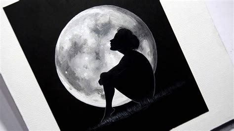 Black and White Painting | Sad Girl in Moonlight | Easy tutorial for ...