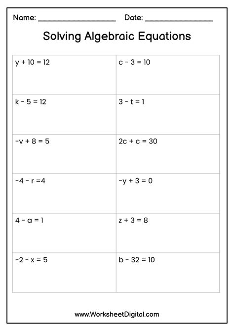 Solving Algebraic Expressions - Worksheet Digital