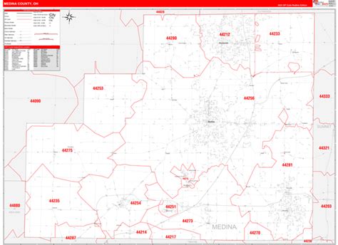 Medina County, OH Zip Code Wall Map Red Line Style by MarketMAPS - MapSales