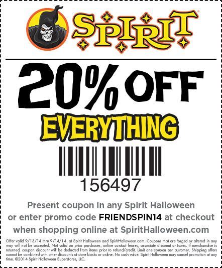 Here's a Spirit Halloween coupon for all friends and family! Get 20% off at your local Spirit H ...