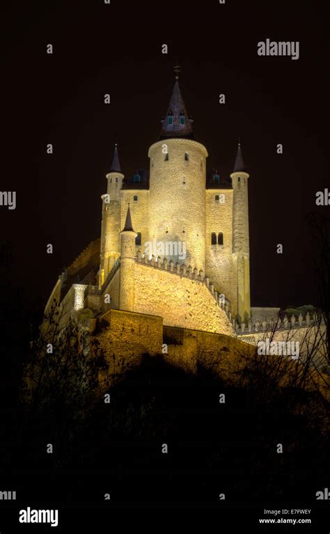 Segovia Alcazar Castle at night. Ancient Royal palace in Segovia Spain ...