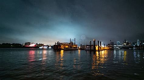 Hamburg harbor night view editorial stock photo. Image of container ...