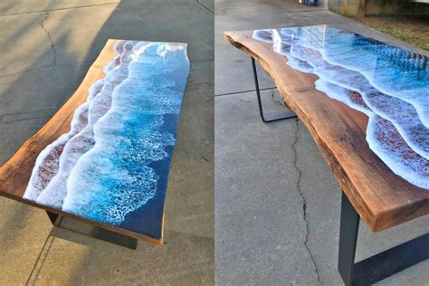 Incredible Resin Tables Made To Look Like Ocean Waves Washing Up On Shore | Wooden slab table ...