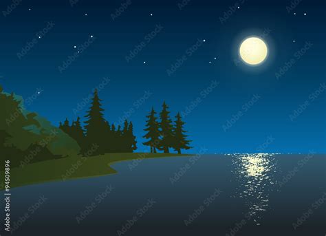 The moonlight on the sea. Cartoon style. Vector illustration of the seashore at night, with ...