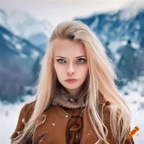 Blonde long hair woman with brown western clothes and delicate features with snowy mountain ...