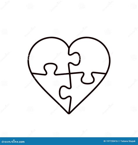 Puzzle Heart Four Piece Line Illustration, Vector Outline Object Isolated on White Background ...