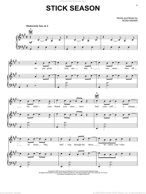 Stick Season sheet music for voice, piano or guitar (PDF)