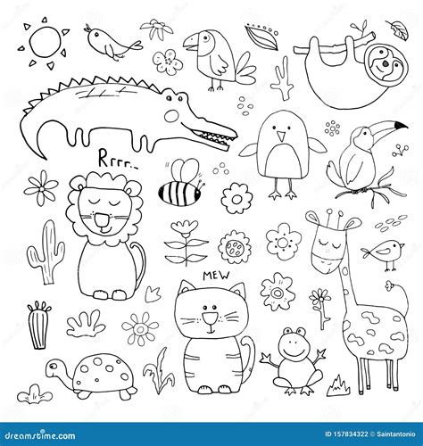 Animal Doodles Set. Cute Animals Sketch Stock Vector - Illustration of cute, penguin: 157834322