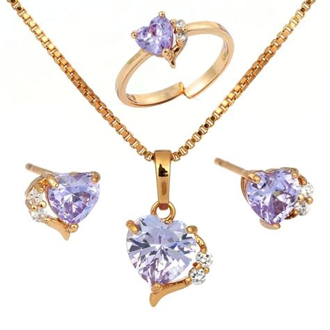 Yellow Gold Plated Lavender Purple Love Heart CZ Pendant Necklace Stud ...