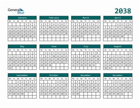 2038 Yearly Calendar Templates with Monday Start