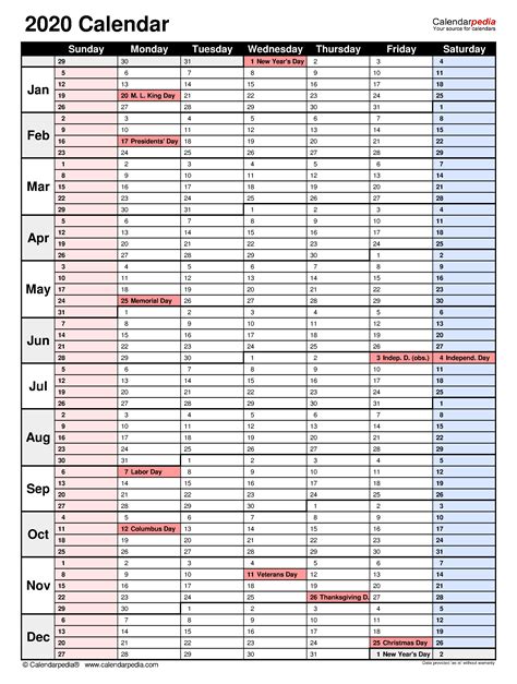 2020 Calendar - Free Printable Excel Templates - Calendarpedia