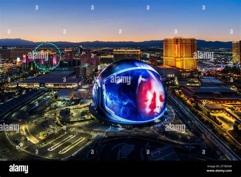 The Sphere, Exosphere is nightly used to display art and advertising Aerial View of Skyline ...