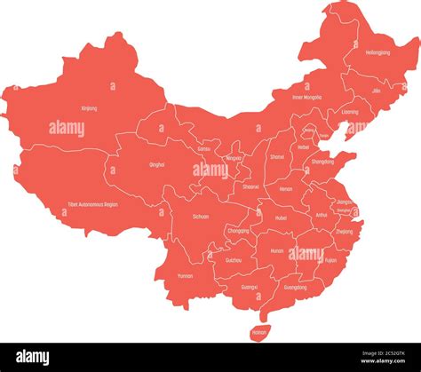 Regional map of administrative provinces of China. Red map with white labels on white background ...