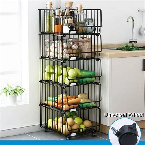 3/4/5 Tiers Rolling Wire Stackable Baskets with Wheels, Organizer Basket with Wheels, Fruit ...