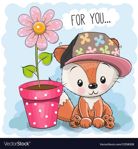 Greeting card cute cartoon fox Royalty Free Vector Image