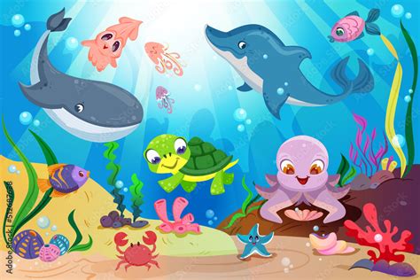 Underwater ocean life with cute sea animals, colorful tropical fish, whale, dolphin and coral ...