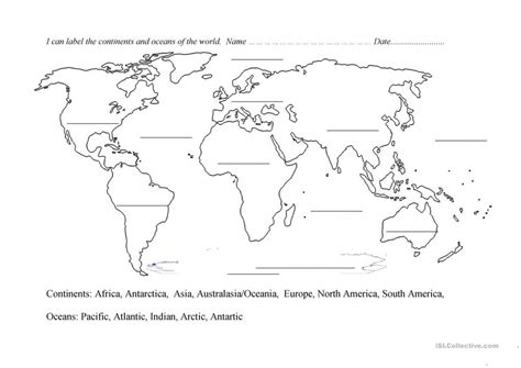 Continents And Oceans Kids Worksheet