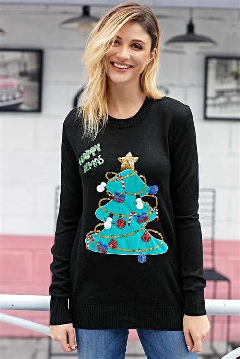 Black Happy Xmas Christmas Tree Sweater