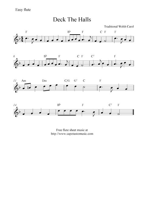 Easy Sheet Music For Beginners: Deck The Halls, free Christmas flute sheet music notes