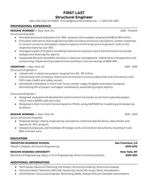 Structural Engineer Resume Example for 2023 | Resume Worded