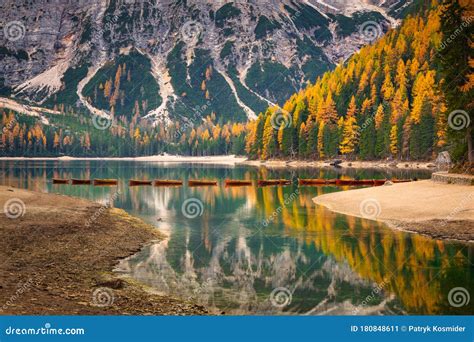 Lago Di Braies Lake in Dolomites at Sunrise, Italy Stock Image - Image ...