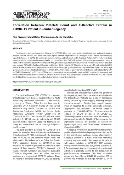 (PDF) Correlation between Platelets Count and C-reactive Protein in COVID-19 Patient in Jember ...