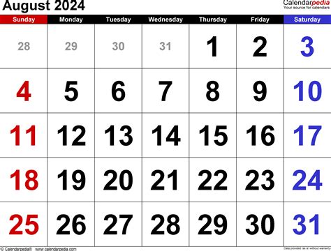 August 2024 Calendar | Templates for Word, Excel and PDF