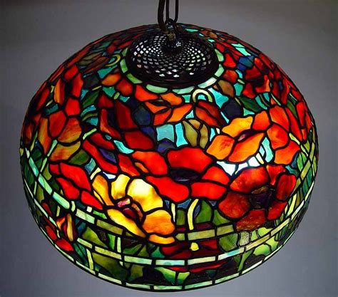 18" Oriental Poppy leaded glass and bronze hanging Tiffany Lamp #1598 Tiffany Stained Glass ...