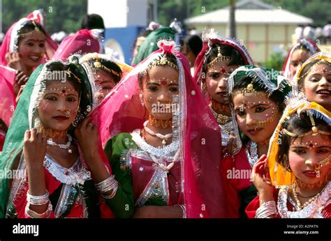 India South Andaman Island Port Blair Republic Day parade girls colourfully dressed in state ...