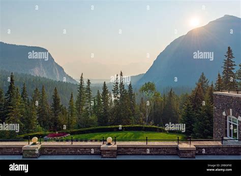 Banff Valley landscape from Banff Springs Hotel during 2017 wildfires ...