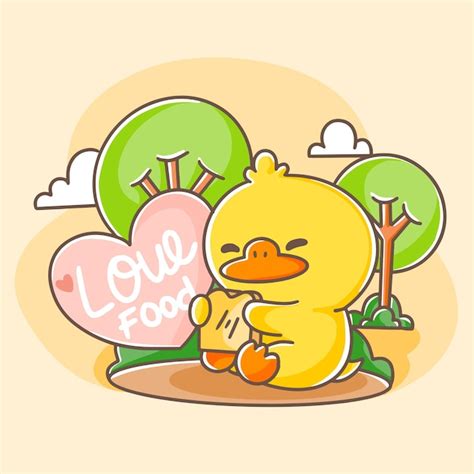 Premium Vector | Cute Happy Duck Eating Bread Postcard Doodle Illustration