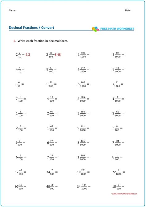 Converting Fraction To Decimal Worksheets