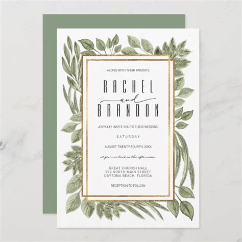 Gold White Sage Green Greenery Watercolor Wedding Invitation | Zazzle.com