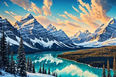 Premium AI Image | A painting of a mountain landscape with a snowy mountain and a blue lake.