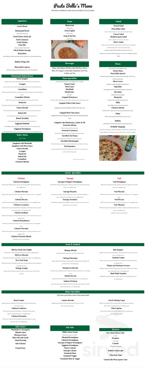 Pasta Bella menu in Mason City, Iowa, USA