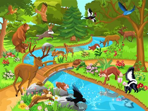 Forest animals coming to drink water. Cartoon illustration with forest animals c , #AFF, #comi ...